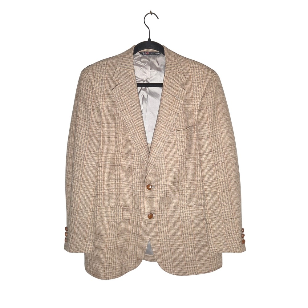 Vintage Austin Reed Blazer Mens M Tan Glen Plaid Wool Sport Coat 70s Made in USA